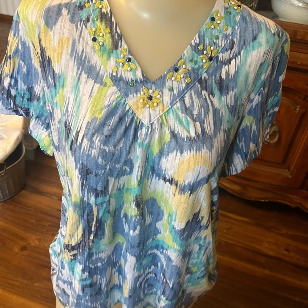Alfred Dunner Blue and Green Flutter Sleeve Embellished Blouse - Picture 1 of 3